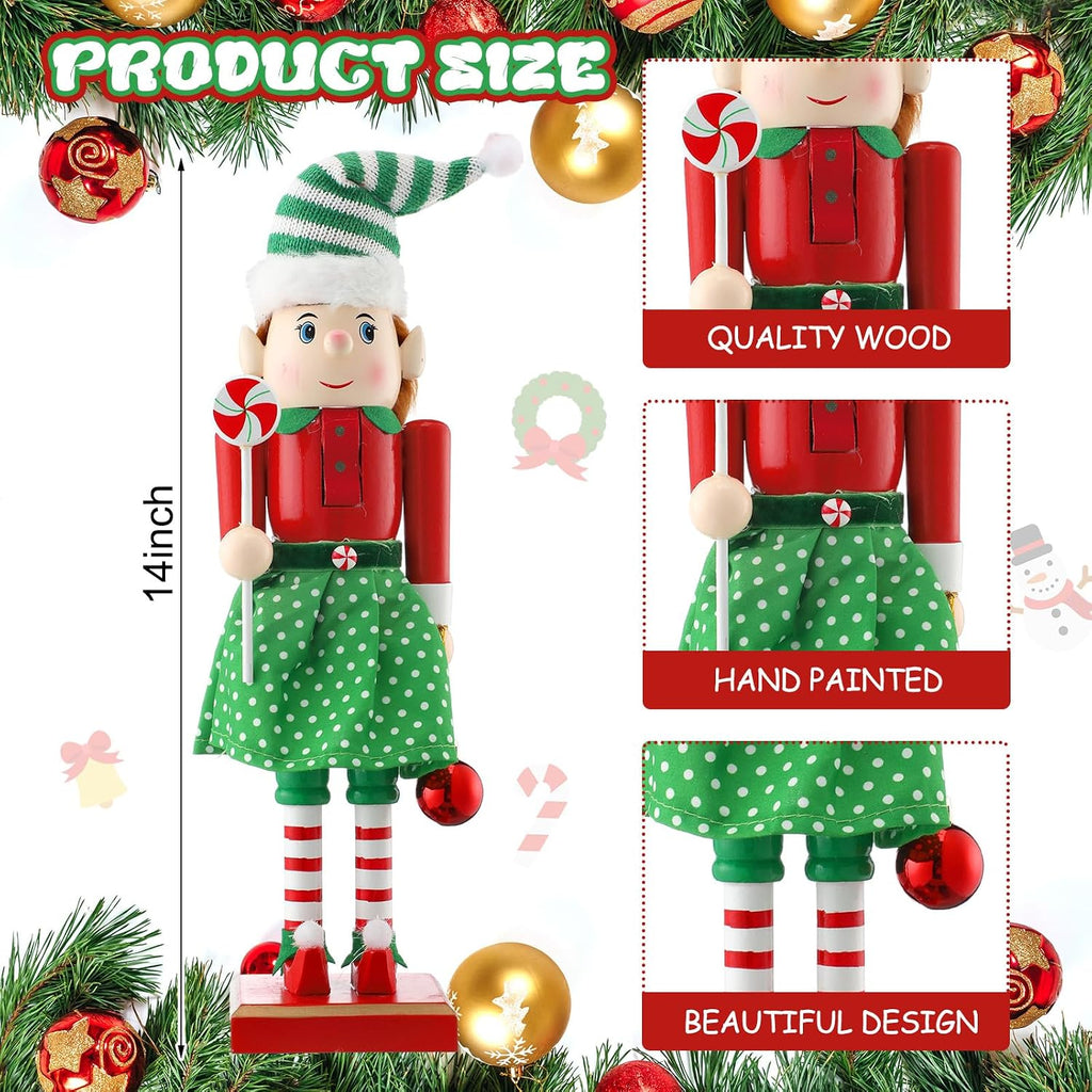 2 Pcs Christmas Nutcracker 14 Inch Wooden Elf Candy Cane Decor