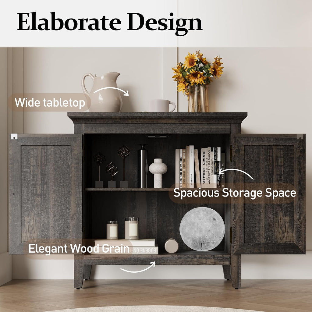 Rattan Accent Cabinet with Doors, Boho Entryway Cabinet, Wooden Decorative Sideboard with Adjustable Shelf & Doors