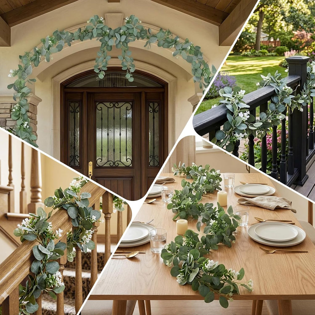 Artificial Eucalyptus Garlands - 6ft Greenery Vines with Faux Eucalyptus Leaves, Butterfly Leaves, and White - Set of 2