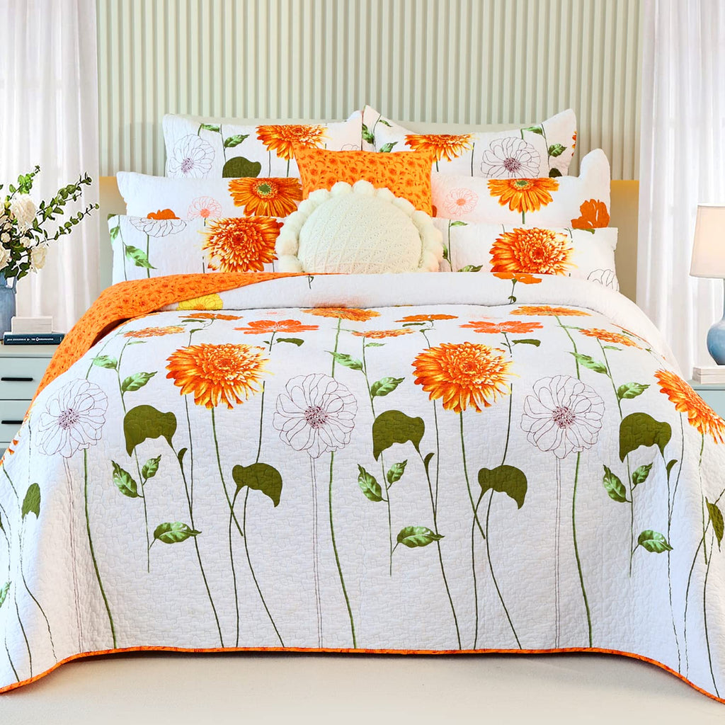 Quilted Pillow Shams Set of 2 Orange Sunflower Pillow Covers Floral Pillowcases Matching Bedding Decoration (18" X