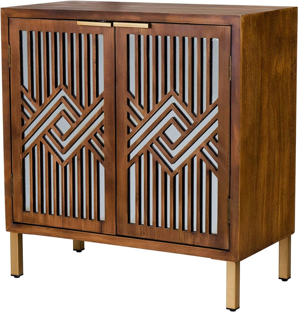 2 Door Accent Cabinet, Wood Sideboard Storage Furniture with Modern Geometric Mirror Front, Freestanding Home and