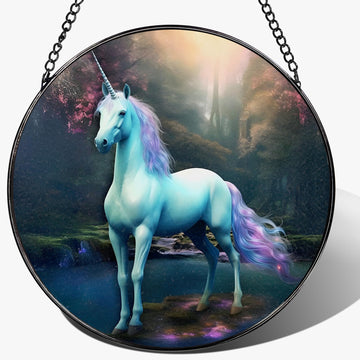 8′′ Stained Glass Window Hanging Ornament, Unicorn Stained Glass Suncatcher Ornament, Sun-Catcher Window Decor