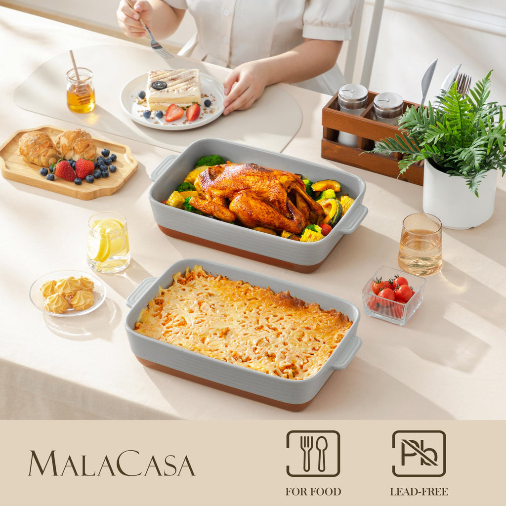 Large 9x13 Ceramic Baking Dish with Handles, 4.8 Qt, Khaki & Grey
