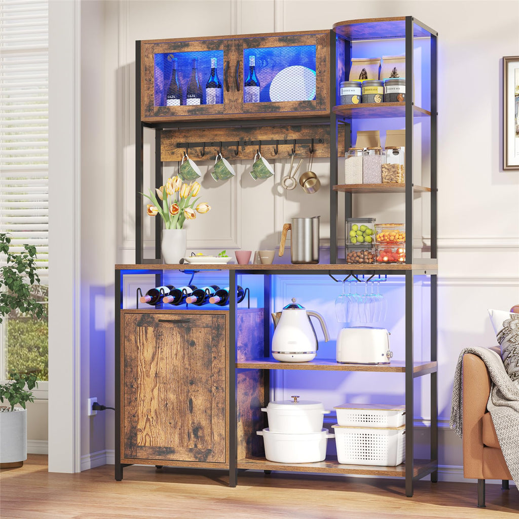 Bakers Rack with Power Outlet and LED Light, 42.5 inch Industrial Coffee Bar Cabinet with Trash Can Storage Bin