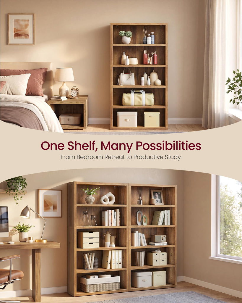 5-Tier Bookshelf, Minimalist Bookcase with Adjustable Shelves