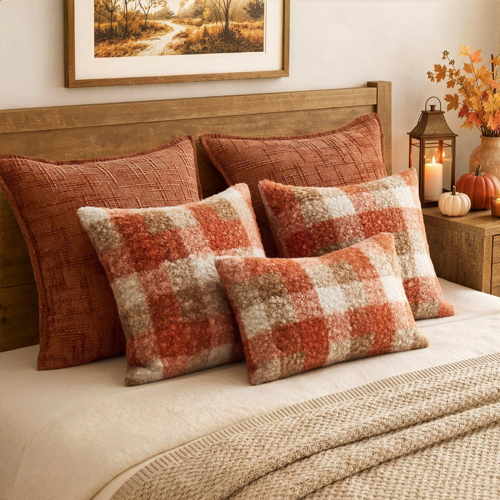 Fall Plaid Pillow Covers Boucle Orange 18x18 Set of 2