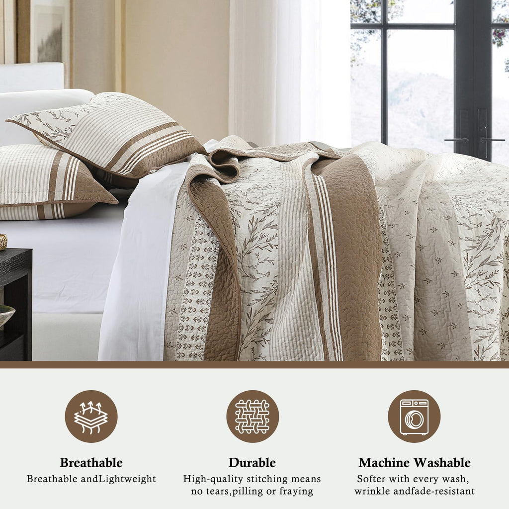 100% Cotton Quilt Set, Cottage Floral Stripe, Brown Cream