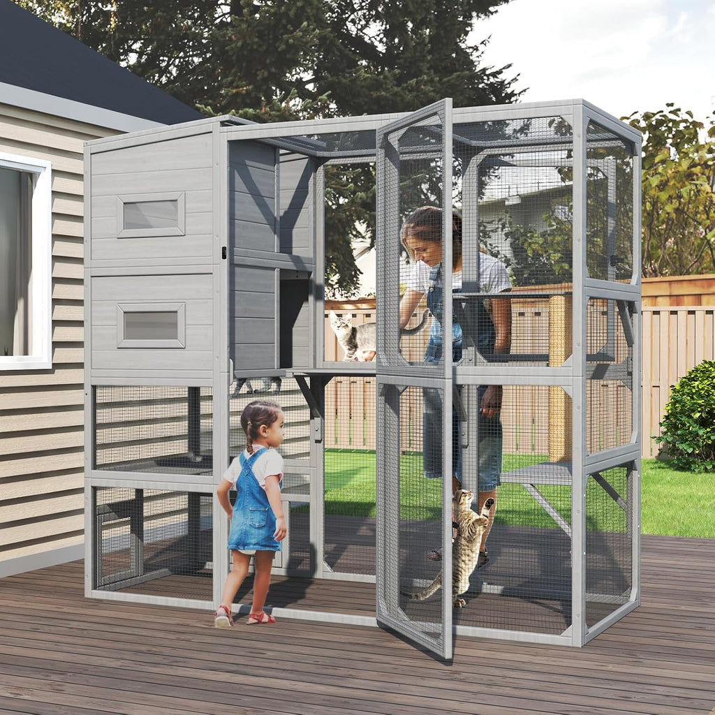 Catio Outdoor Cat Enclosure, 70 inch Large Cat House, Grey