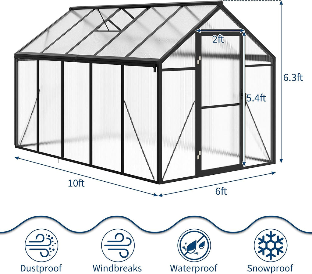 6X10 FT Polycarbonate Greenhouse Sunroom, Black | Outdoor Greenhouse for Vegetables Herbs Flowers, Lockable Door &
