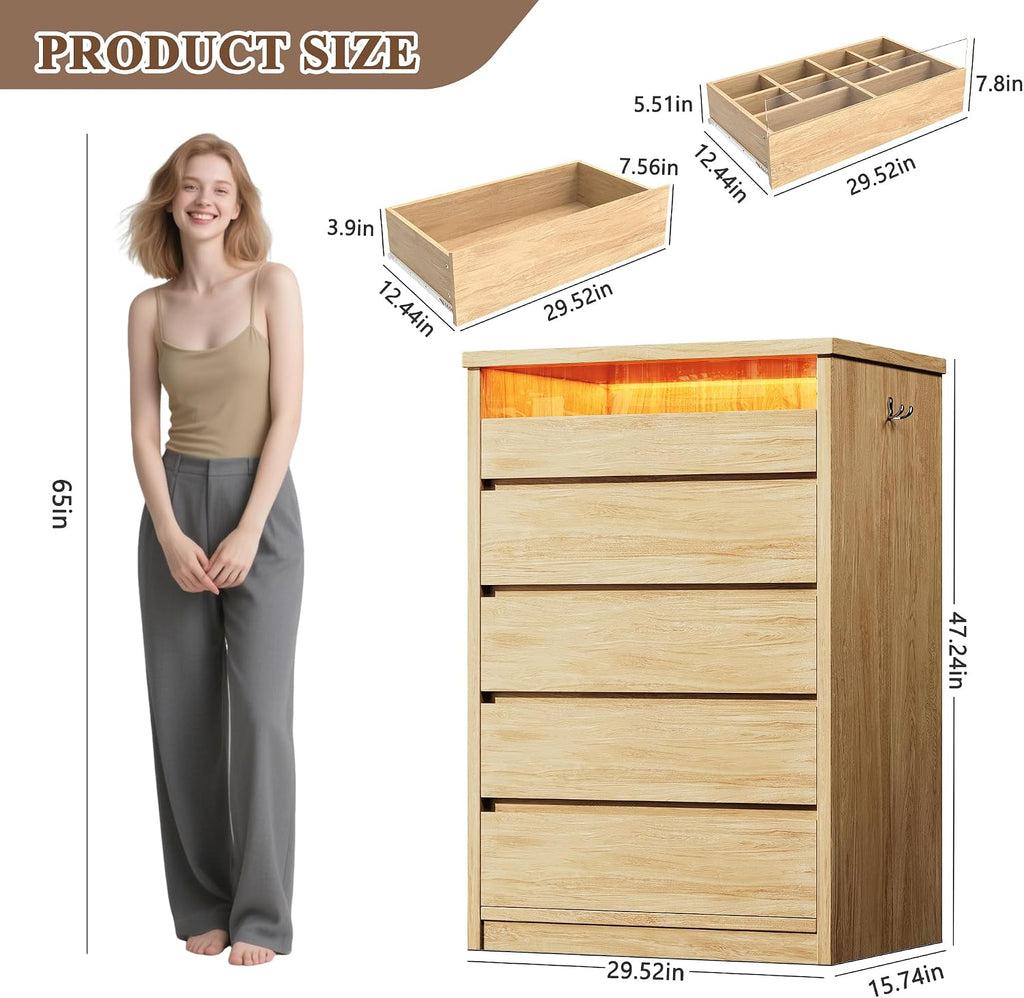 5 Drawer Dresser with LED Light, Modern Chest of Drawers with Hidden Handles, Tall Wooden Dresser Closet - Oak