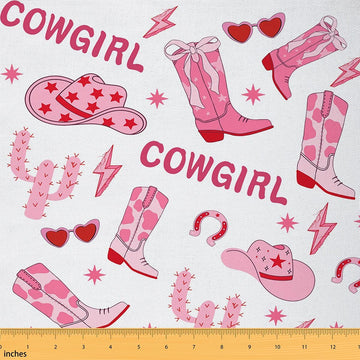Cowgirl Decorative Fabric by The Yard, Pink Bowknot Western Boots Cap Starry Fabric for Upholstery and Home DIY