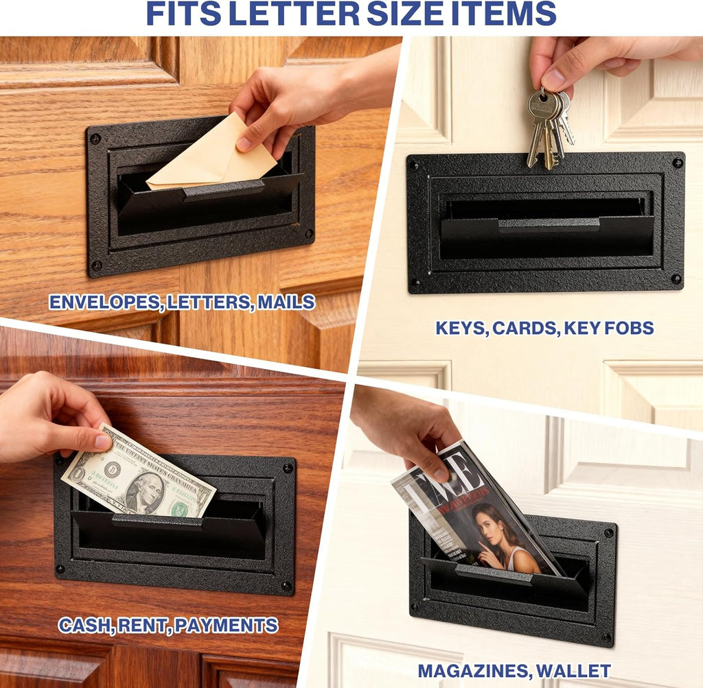 Door Drop Box for Mail, Rent, Deposit, and Night Key - Through The Door Locking Steel Mailbox with Rear Access (Black)
