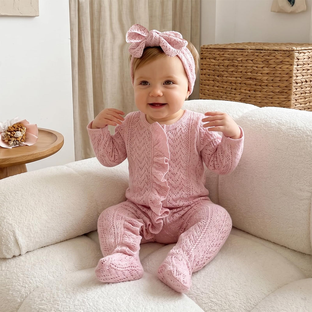 Newborn Baby Girl Coming Home Outfit Ruffle Solid Footies Long Sleeve Knit Romper Zipper Jumpsuit Infant Fall Clothes