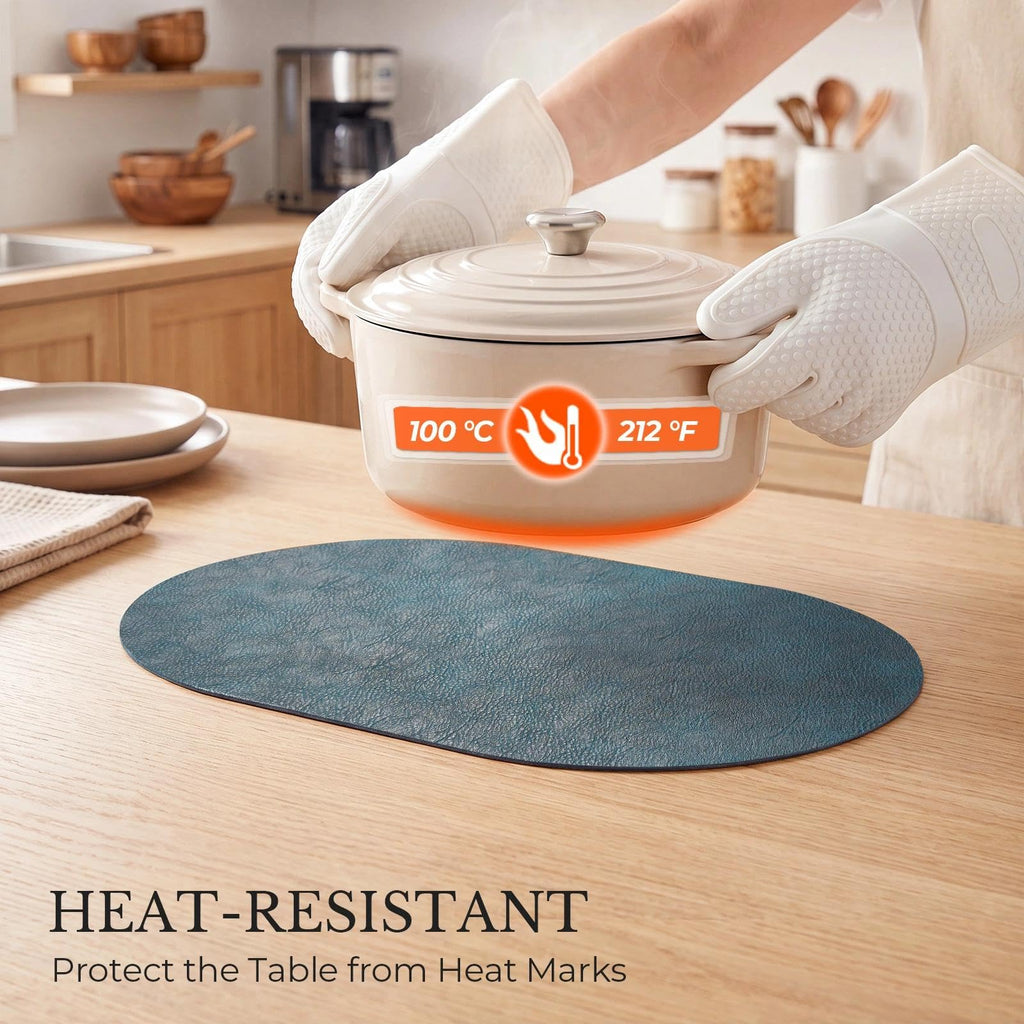 Vinyl Faux Leather Oval Placemats, Set of 4, Navy Blue