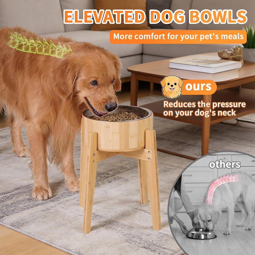 Elevated Dog Bowls for Large Dogs Feeder Two Bowls with a Stainless Steel and Bamboo Dishes, Raised Dog Bowl Stand
