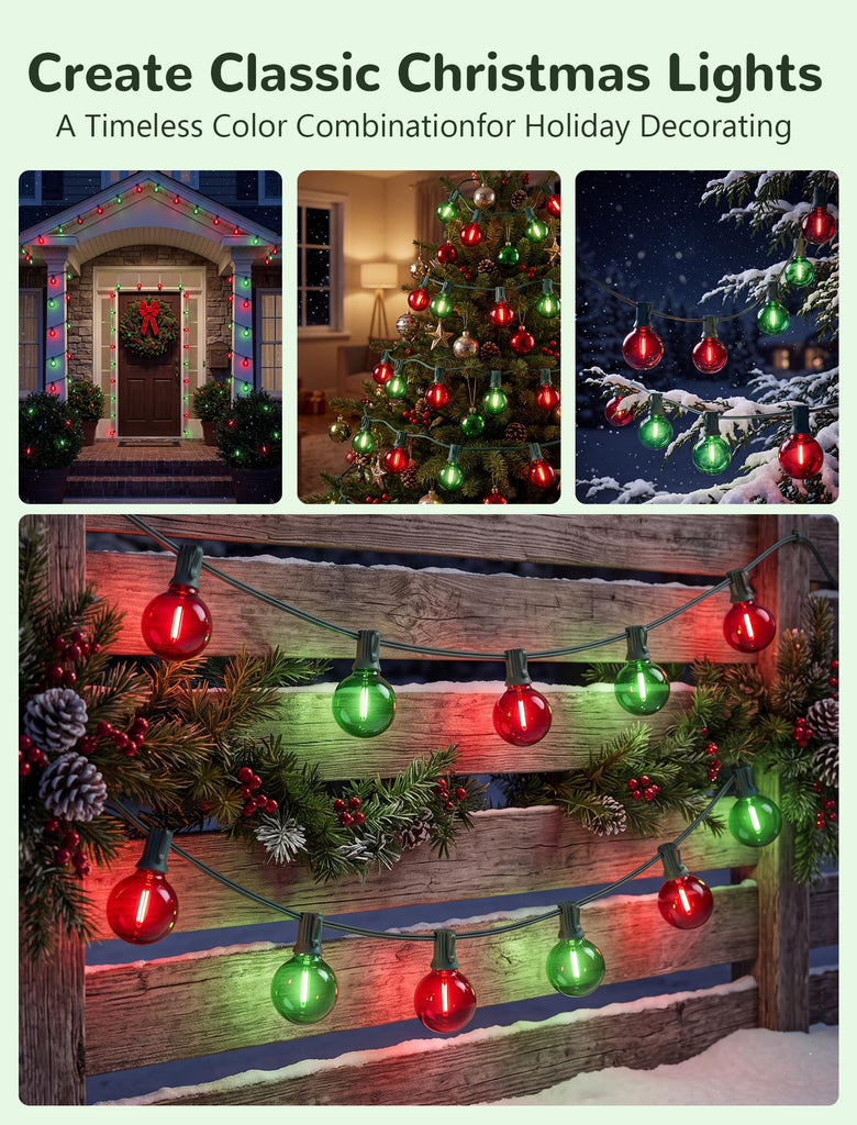 25Ft G40 LED Red Green Outdoor String Lights, 27 Shatterproof Globe Bulbs