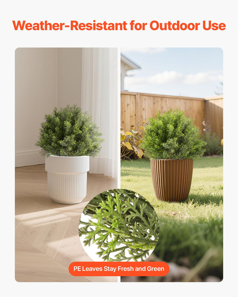 Artificial Topiary Cypress Trees with Ground Spike, 16 inch 2 Set Faux Shrubs & Bushes Potted Plants, Fake Silk Tree