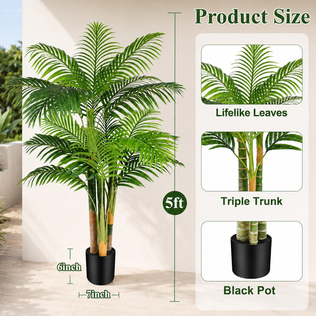5ft Triple Golden Cane Palm Artificial Tree, Tall Faux Palm Tree with 19 Realistic Leaves, UV Resistant Fake Tropical