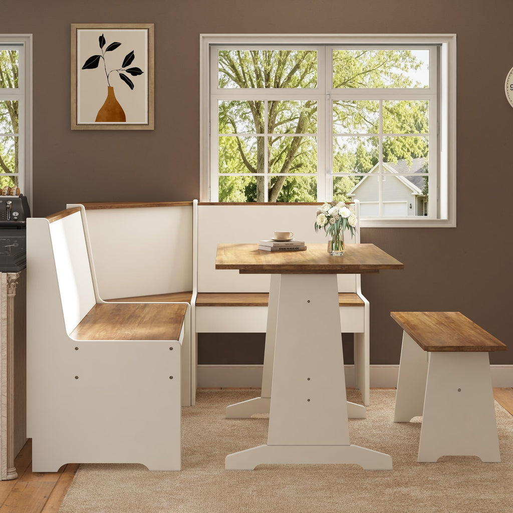 3-Piece Corner Dining Set with Hidden Storage, White & Barnwood