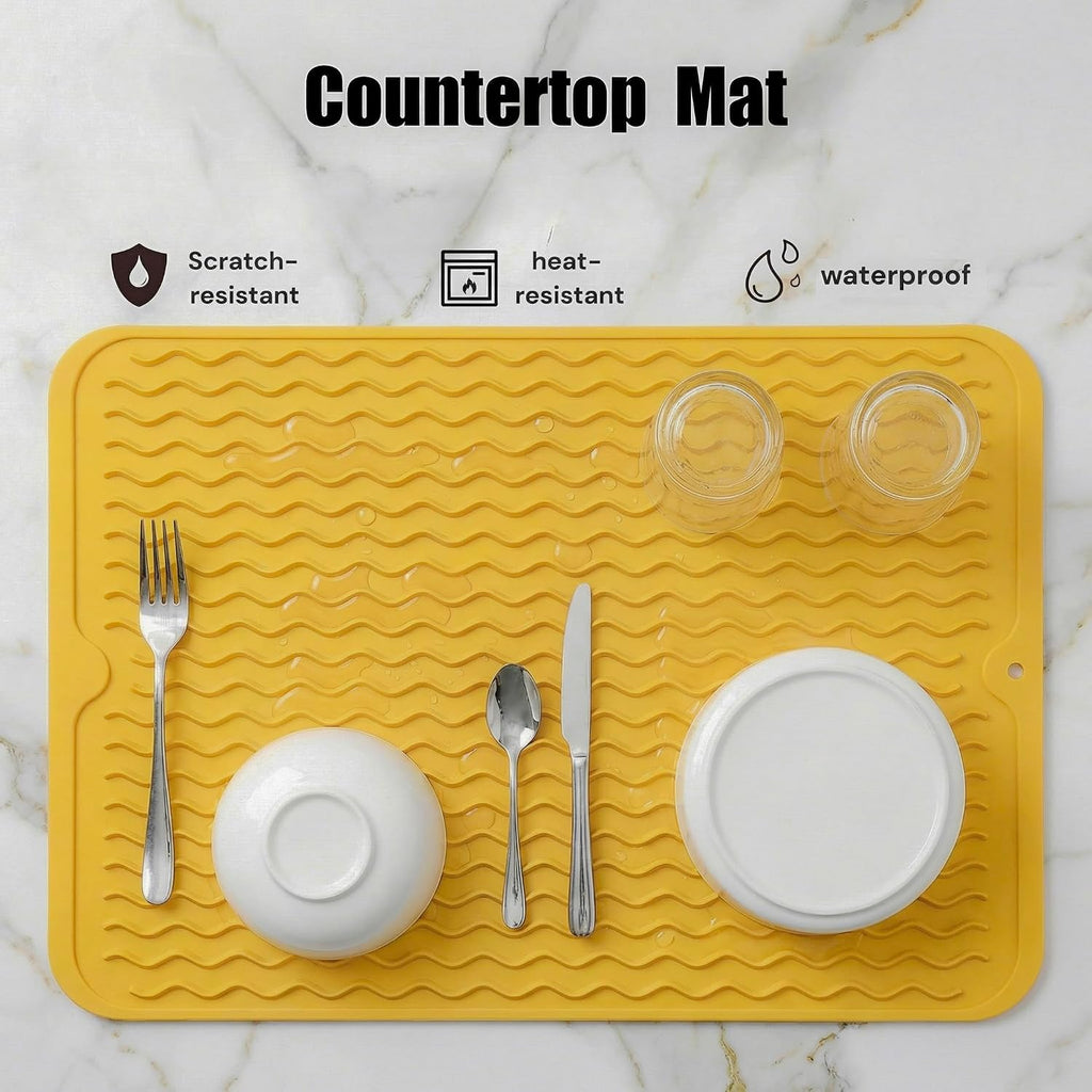 Silicone Dish Drying Mat - Quick-Dry Ridges Counter & Sink Pad, Heat-Resistant Trivet to 450°F, Non-Slip & Dishwasher