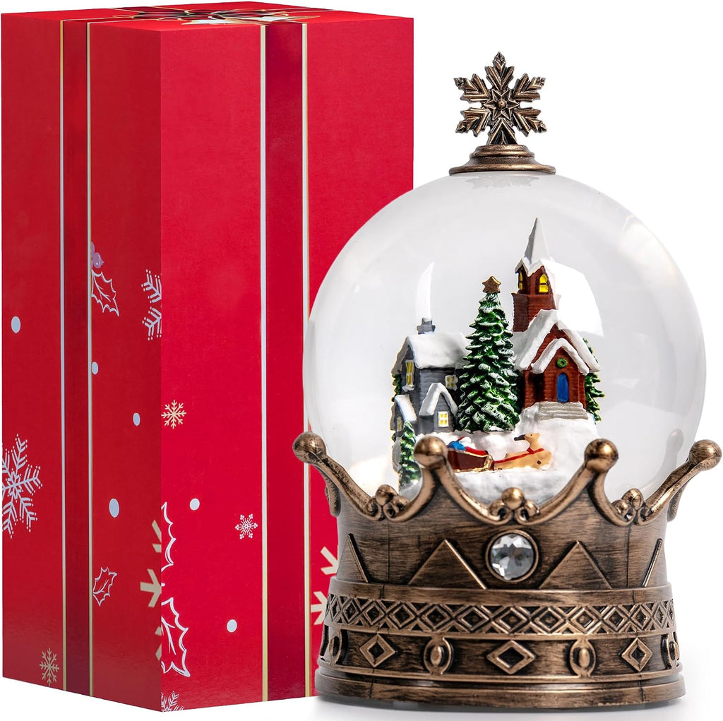 Christmas Snow Globe Lantern Water Glittering Village & Santa Crown with Music, USB Lined/Battery Operated Lighted