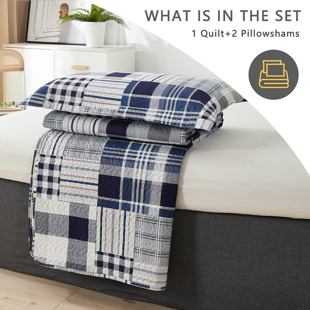 3 Pcs Patchwork Bedding Plaid Quilts Set Navy Blue Buffalo Bedspreads Summer Lightweight Coverlet with