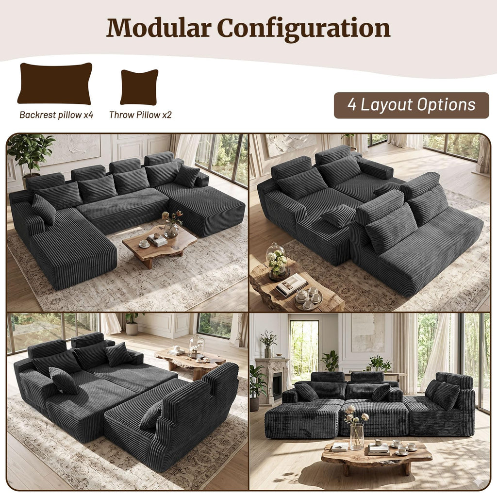Boneless Couches - 134" Modular Sectional Sofa U Shaped Oversized Deep Seat High Back Corduroy No Assembly Modern