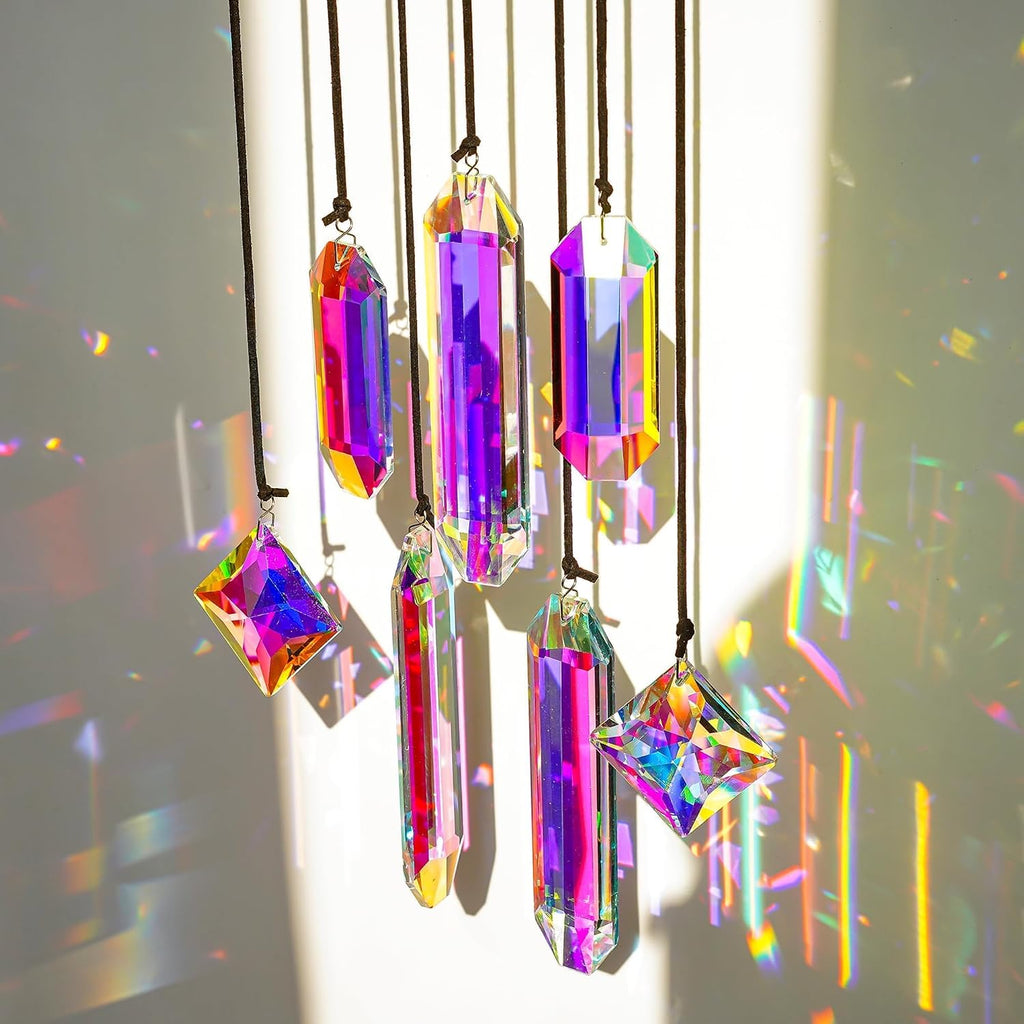 Set 7 Crystal Sun Catcher Prisms AB Colored Suncatcher Crystals for Window - Rainbow Maker Prisms
