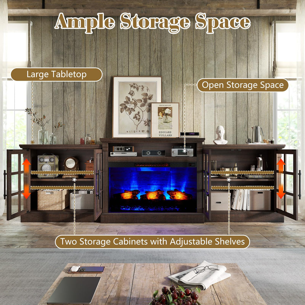 97" Farmhouse TV Stand with 33" Fireplace, Rustic Brown