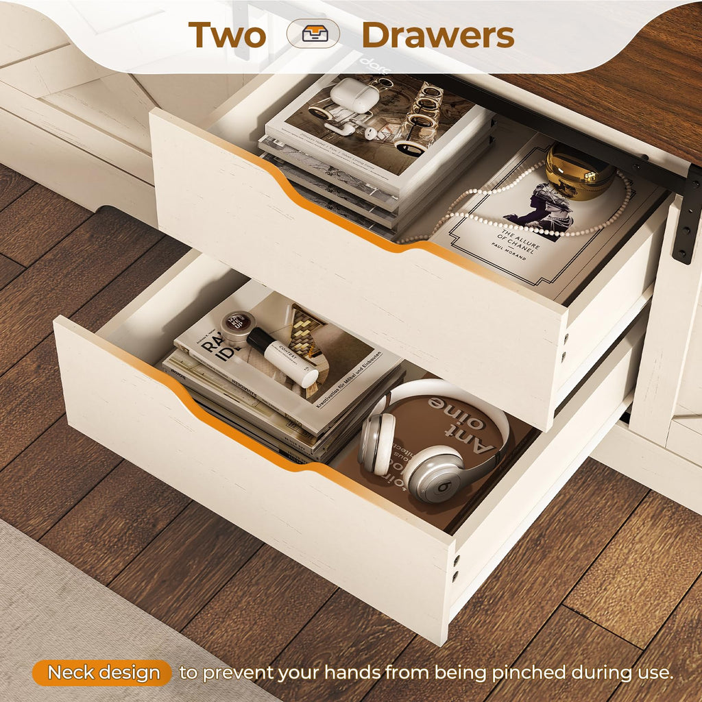 60" Farmhouse Storage Bench with Cushion, Shoe Rack with Slide Barn Doors, Adjustable Shelf and 2 Drawer for Entry