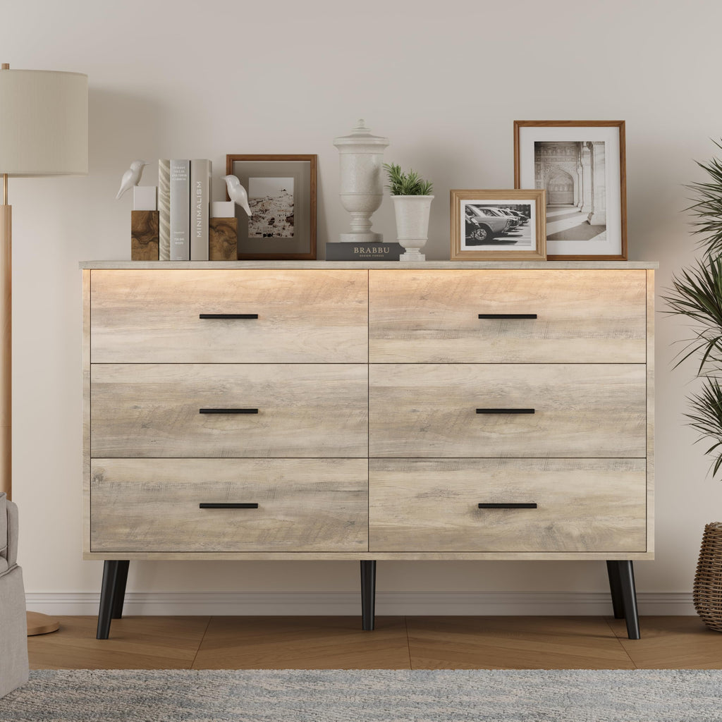 Grey Dresser, Dressers & Chests of Drawers for Clothes Storage, Wood Dresser for Closet with 6 Drawers, Wide Long