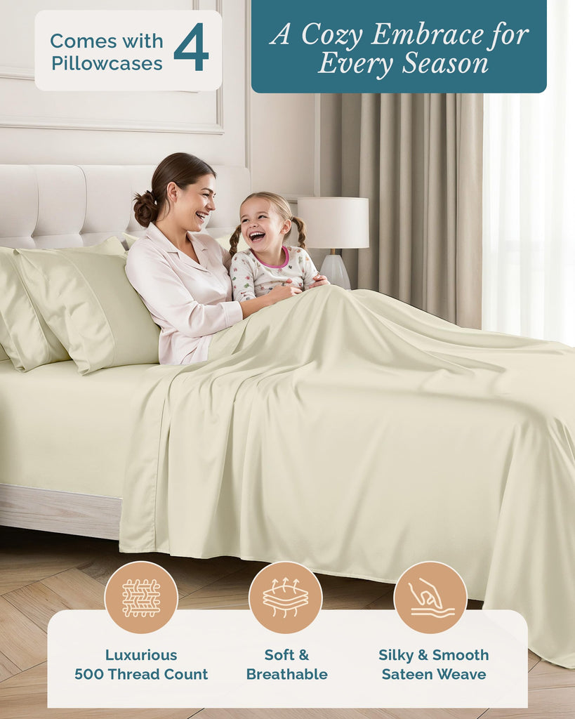 Cal King Size Bed Sheets, 100% Cotton 6 Piece Sheet Set with 500 Thread Count Smooth Sateen Finish, Soft Cotton Sheet