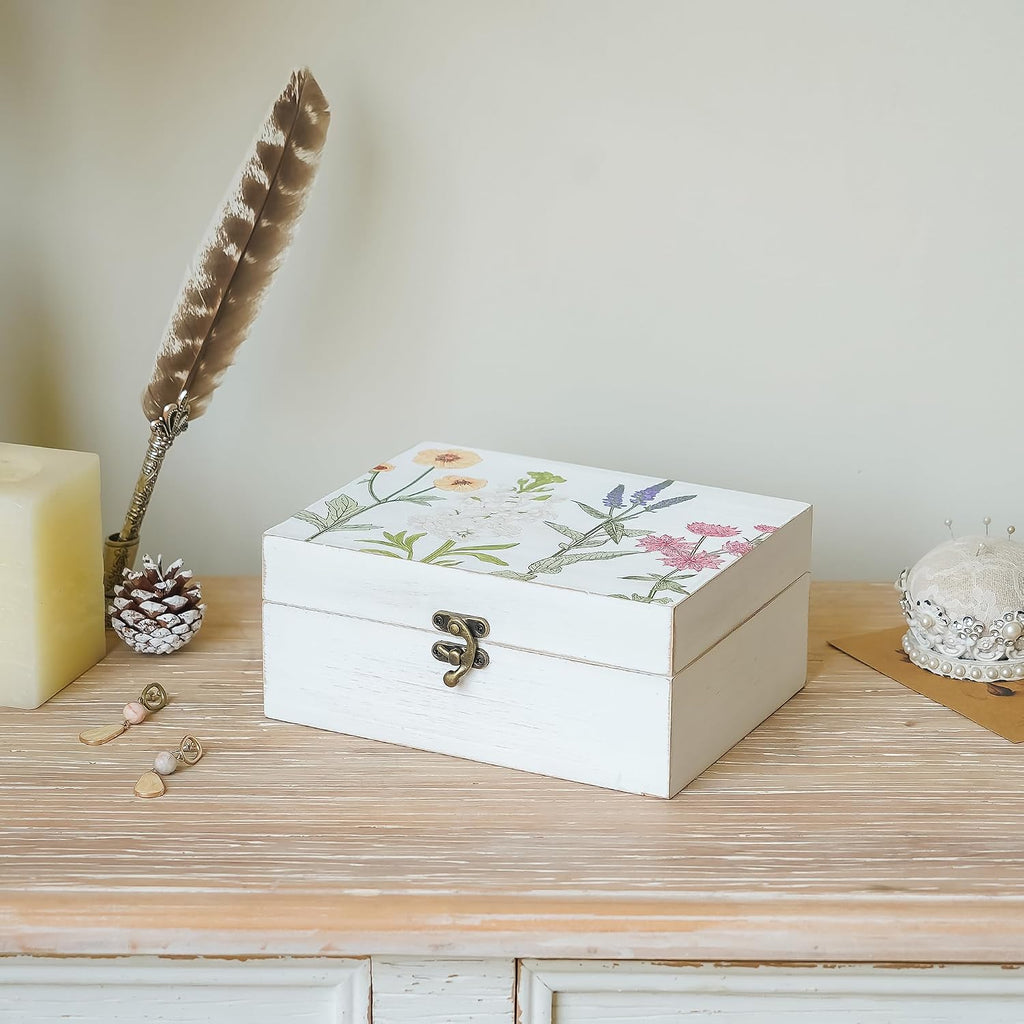 Small Decorative Box with Hinged Lid Wooden Handmade Keepsake Storage Box Floral Printed Jewelry Box Rustic Trinket