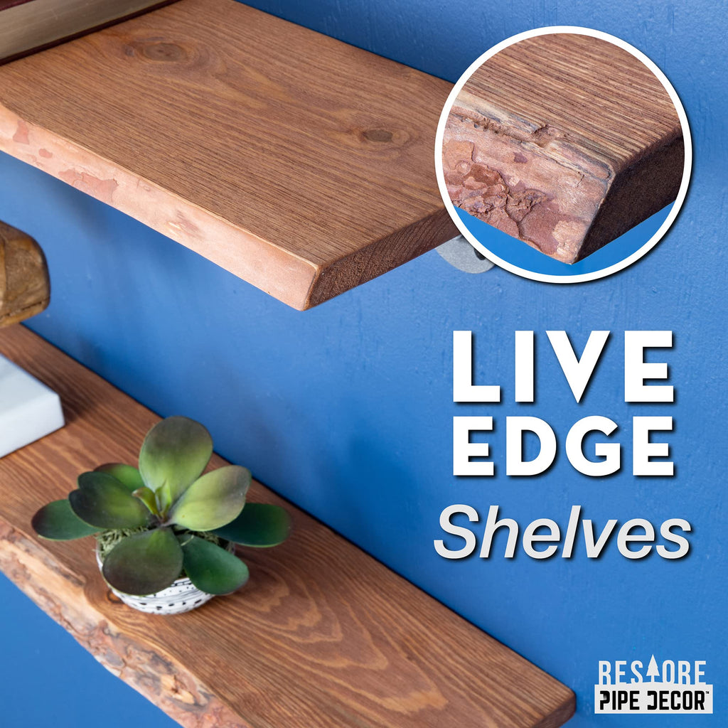 24" Sunset Cedar Live Edge Wood Shelf with Industrial L-Shaped Pipe Brackets (2-Pack)
