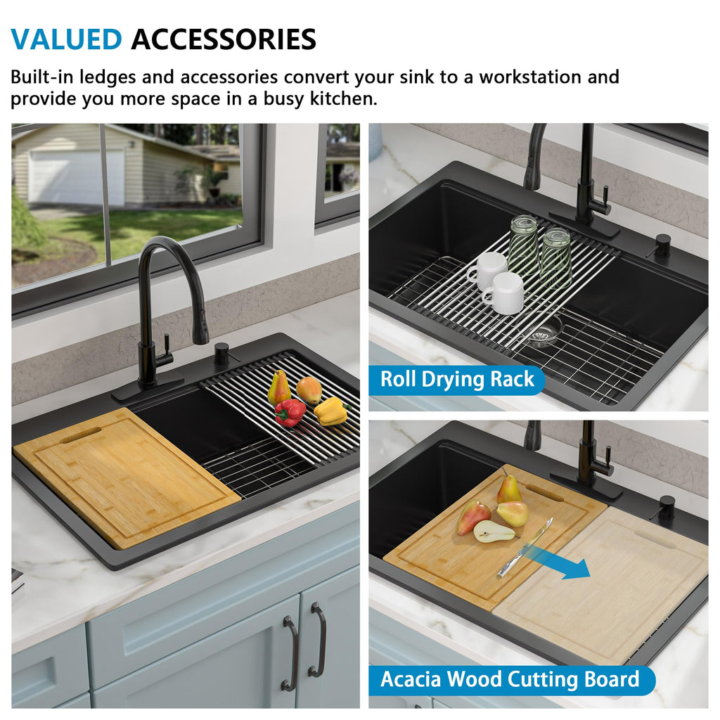 33 Granite Composite - 33"x22" Granite Drop In Topmount Ledge Workstation ‎Matte Black Quartz Classic Above Counter