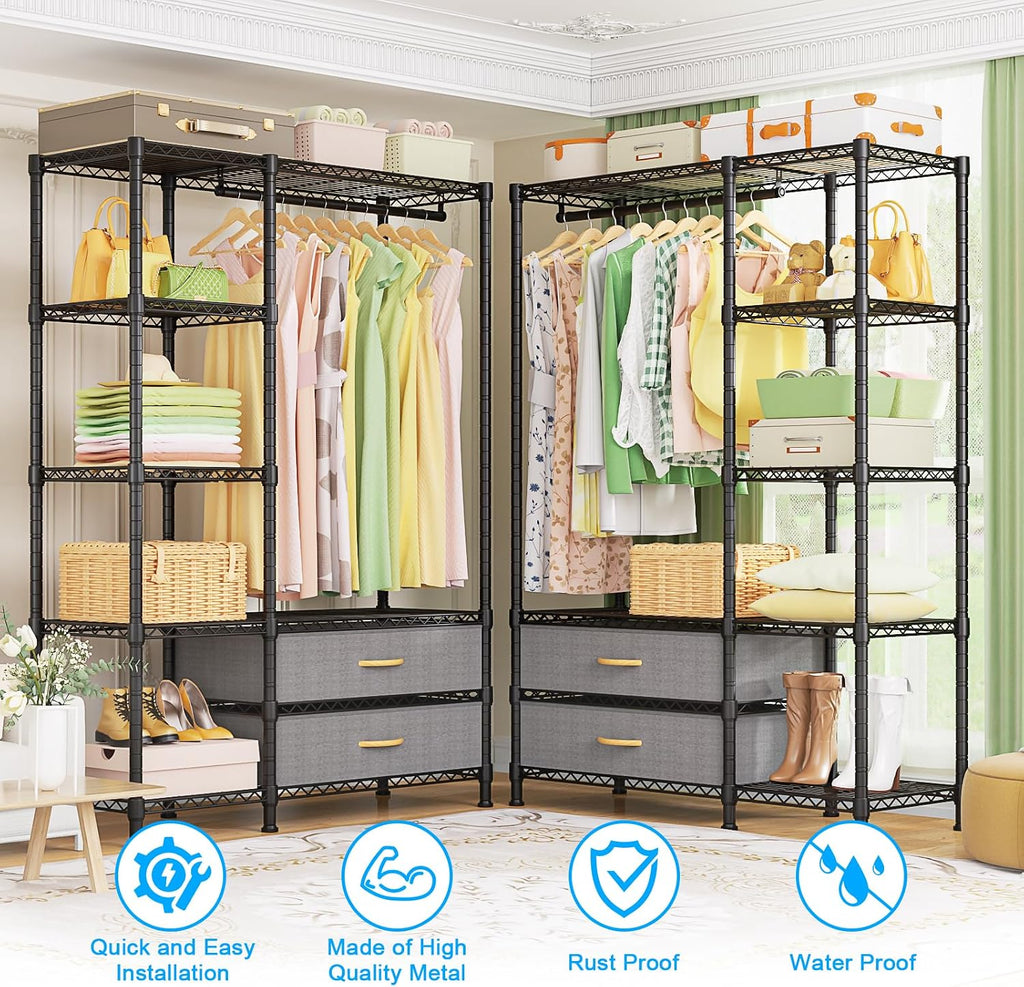 F3 Heavy Duty Clothes Rack(With Fabric Drawers)Freestanding Clothing Racks for Hanging Clothes,Adjustable Closet