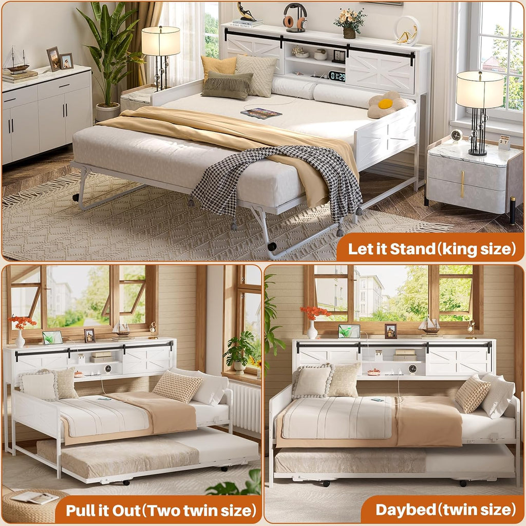 Farmhouse Twin Daybed with Pop-Up Trundle, White | Metal Trundle Bed Frame with Bookcase Headboard, Twin to King