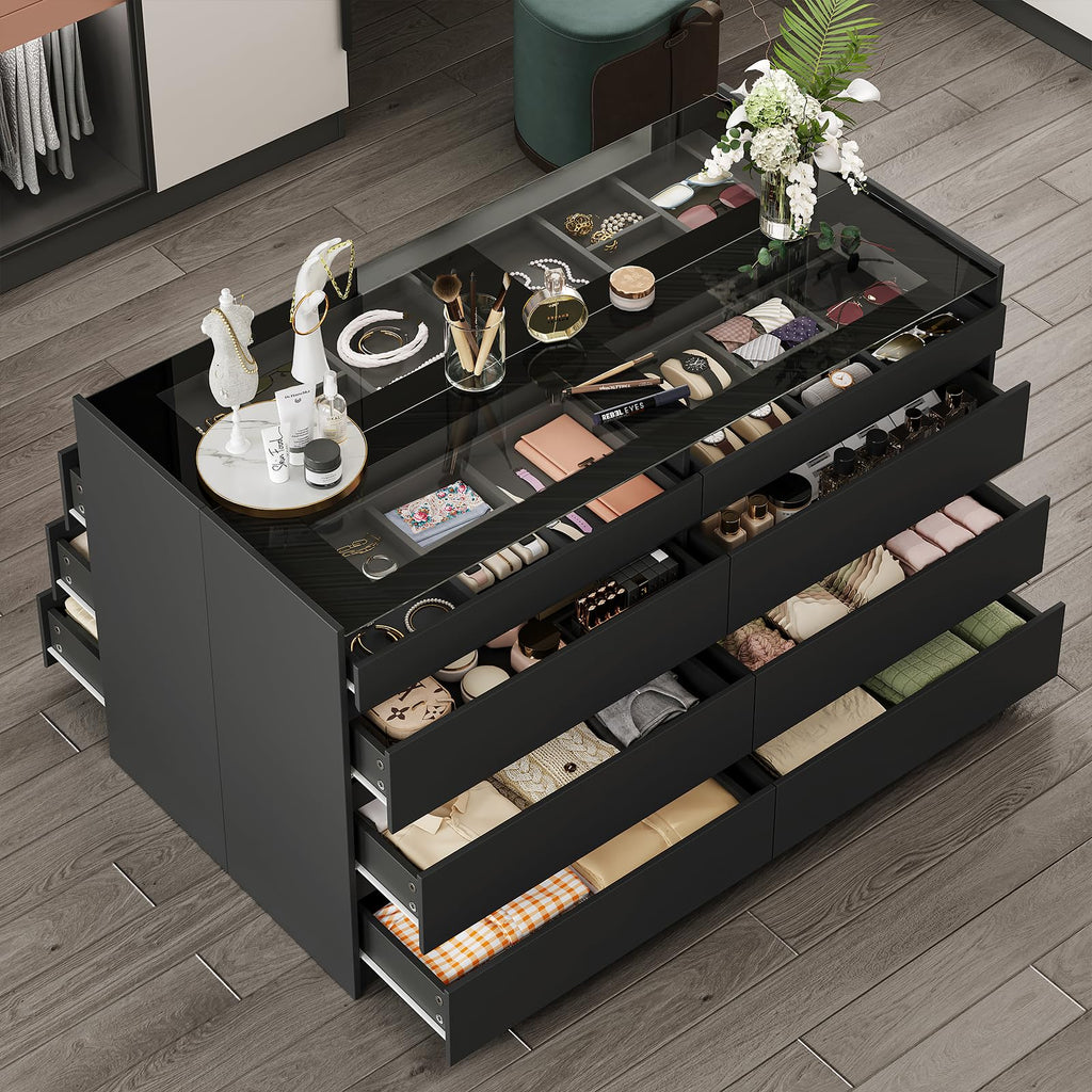16 Drawer Closet Island with Glass Top & LED Light, Black