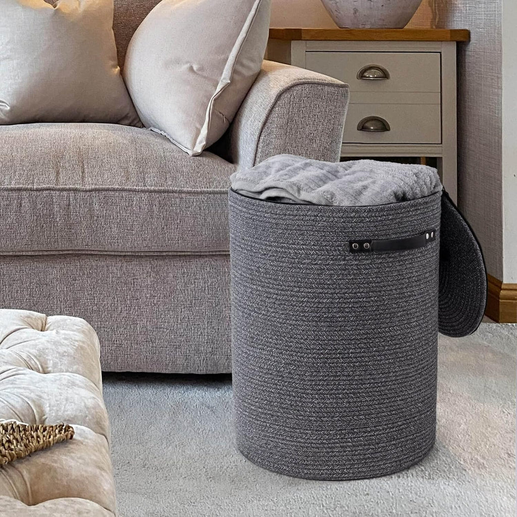 Large Woven Laundry Basket with Lid & Leather Handles, 60L, Grey | 15" x 20" Tall Laundry Hamper, Storage Basket for