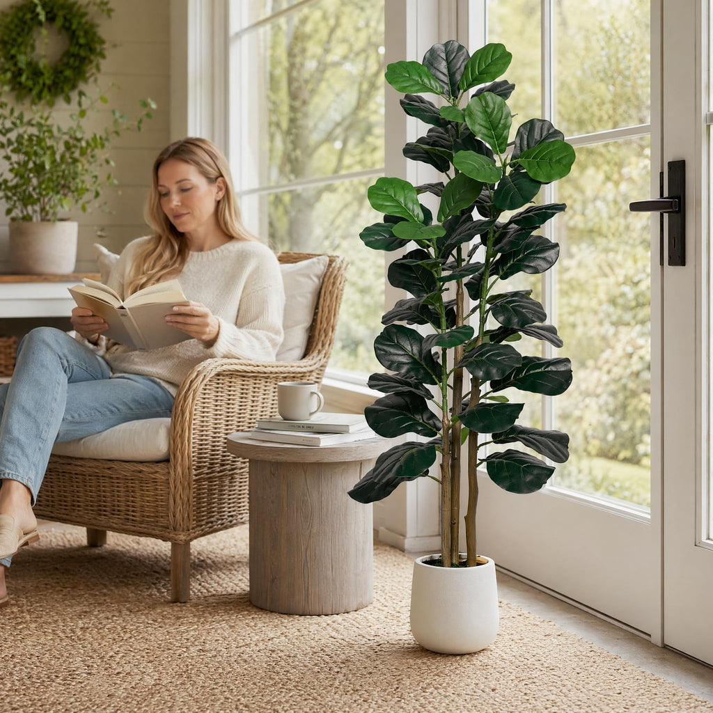 5FT Faux Fiddle Leaf Fig Tree with White Planter Pot, Fake Tree with 3 Trunks, Faux Floor Plant, Indoor and Outdoor