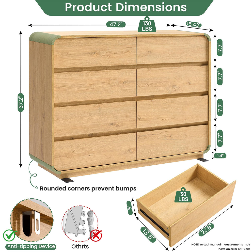 Natural with 8 Drawers, FarmhouseDresser, Rustic Drawers, Storage Closet, Chest of Drawers Handleless Design, Living
