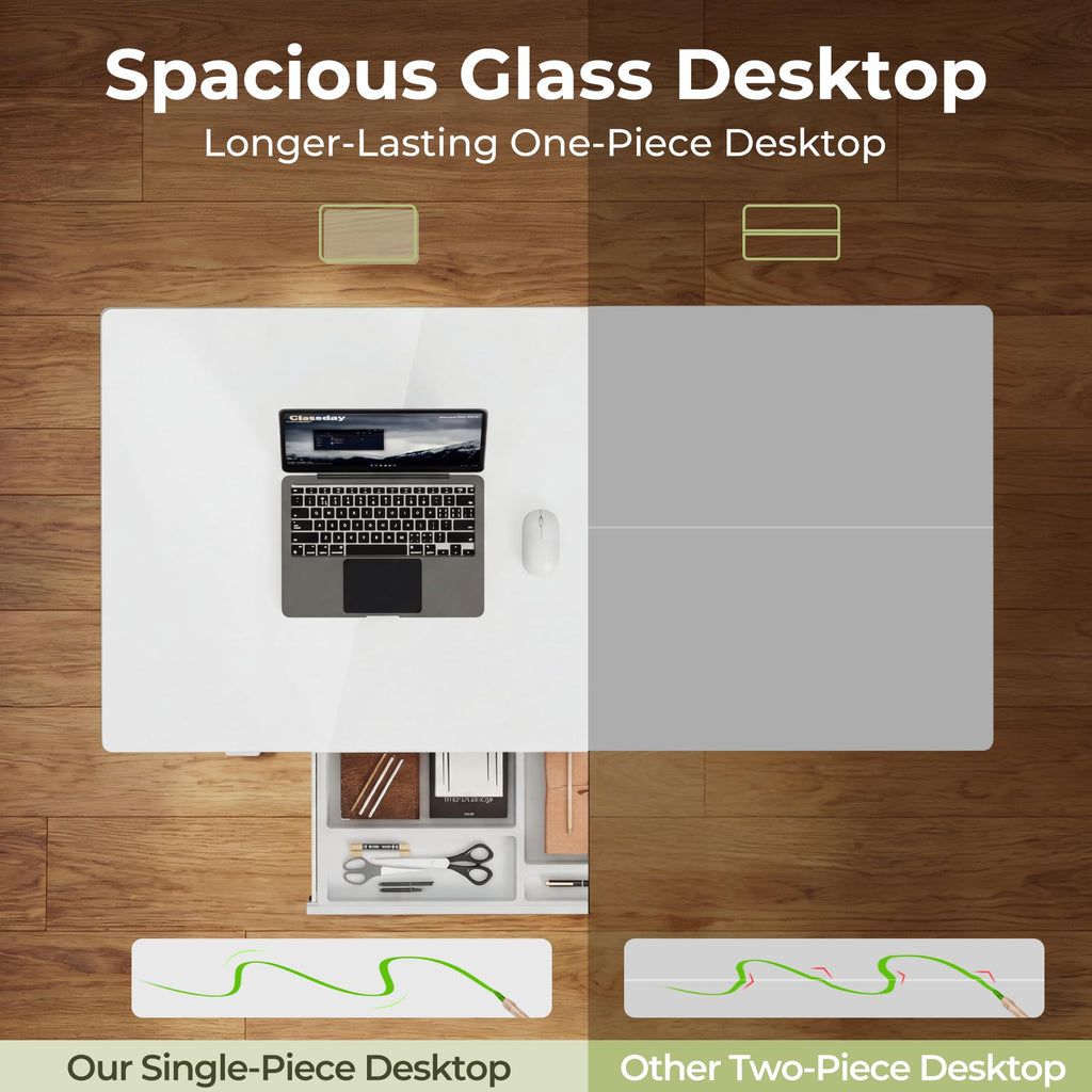 Glass Standing Desk with Drawers, Electric Adjustable Home Office Sit Stand Desk with One-Piece Desktop & USB