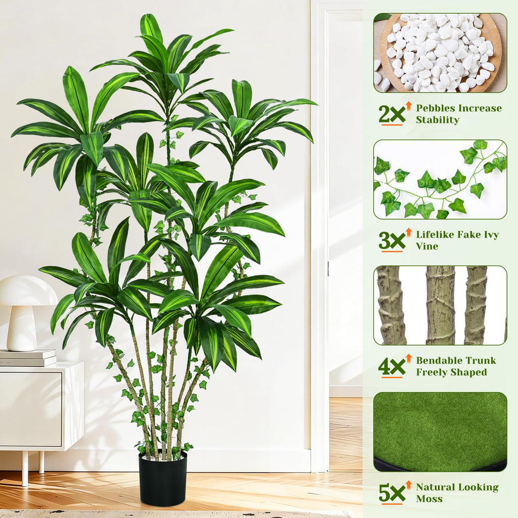 6FT Artificial Dracaena Tree Fake Tall Plant Indoor with Black Planter