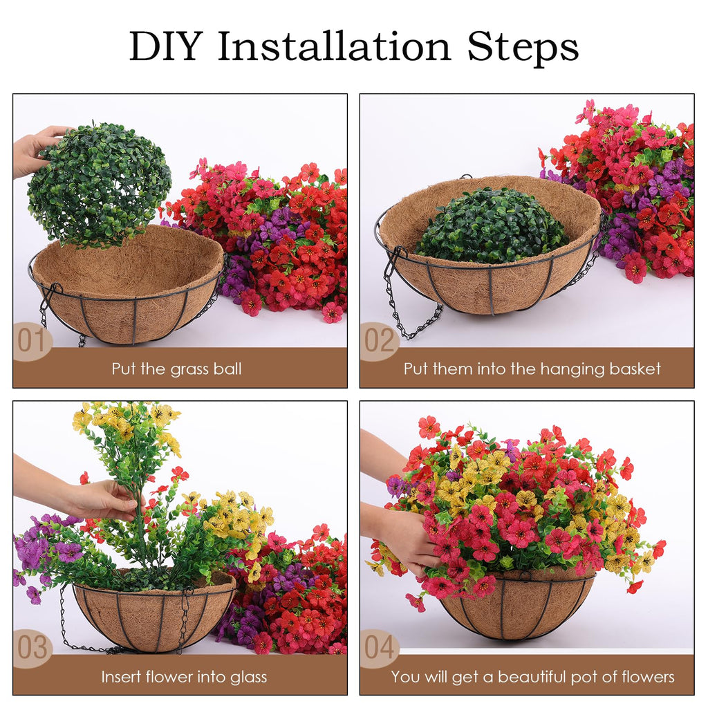 2 Set Artificial Outdoor Flowers with Hanging Basket, 2 Hanging Planters with 24 Pcs Flowers for Spring Summer Front
