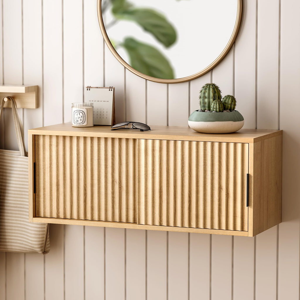 Fluted Floating TV Stand, 30" Multi-Purpose Modern TV Display Shelf Console Entertainment Center Cabinet with Sliding
