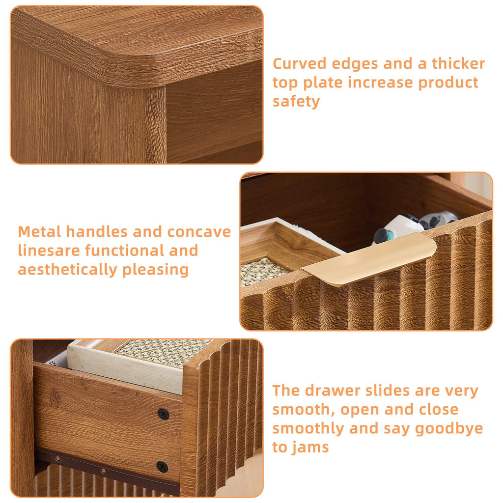 Fluted Farmhouse Nightstand Set of 2 with Charging Station, 23" Wide 2 Drawers End Table, Brown Dresser, Bed Side
