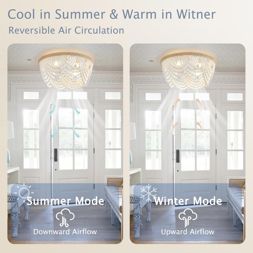 20'' Boho Ceiling Fan with Light Wood Beaded Flush Mount Ceiling Fans with Lights Fandelier Ceiling Fans with Remote