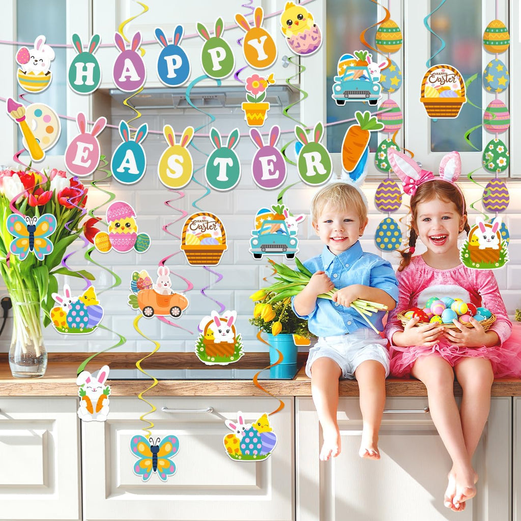 Easter Decorations Easter Garland Happy Easter Banner Easter Decorations Indoor with Egg Bunny Hanging Swirl - Set of 53