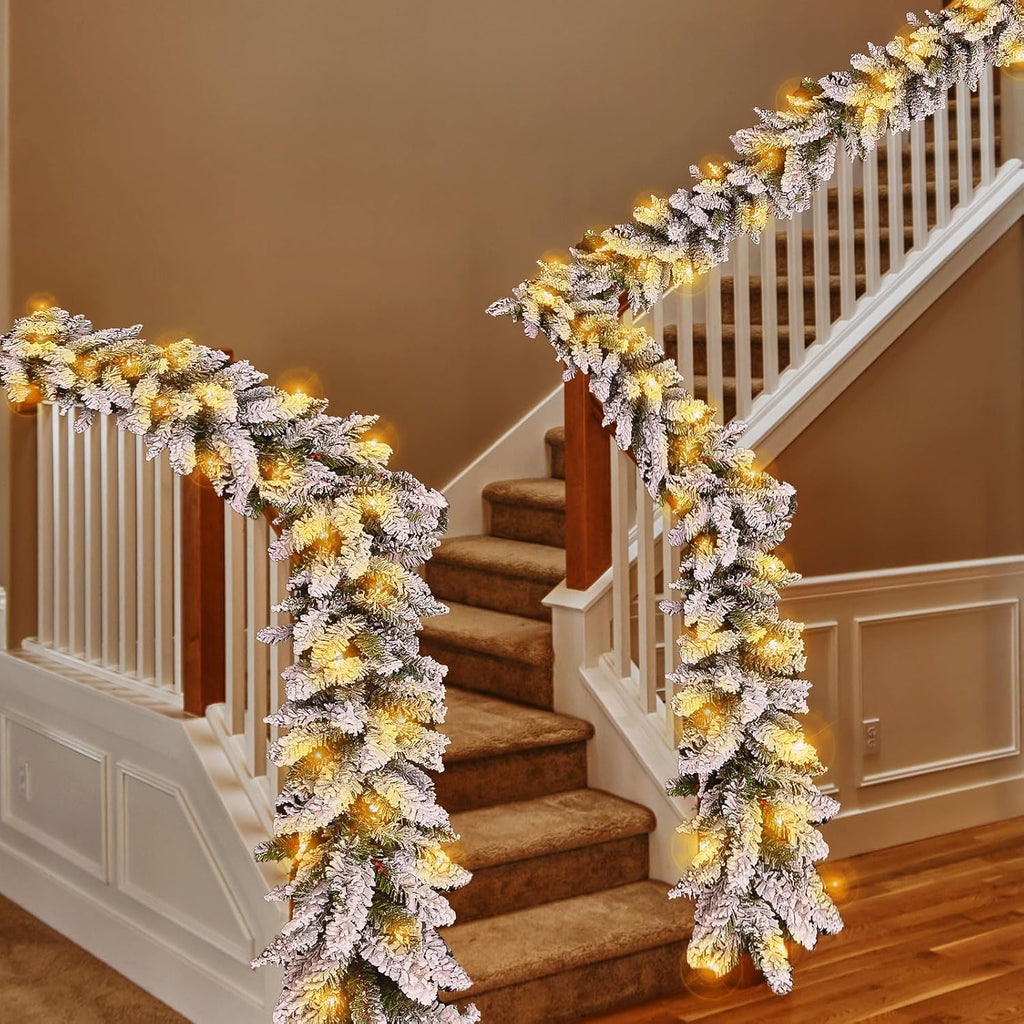 Flocked Christmas Garland with Lights,9FT Pre-Lit White Snow Garlands with 240 PVC Tips,Frosted Garland