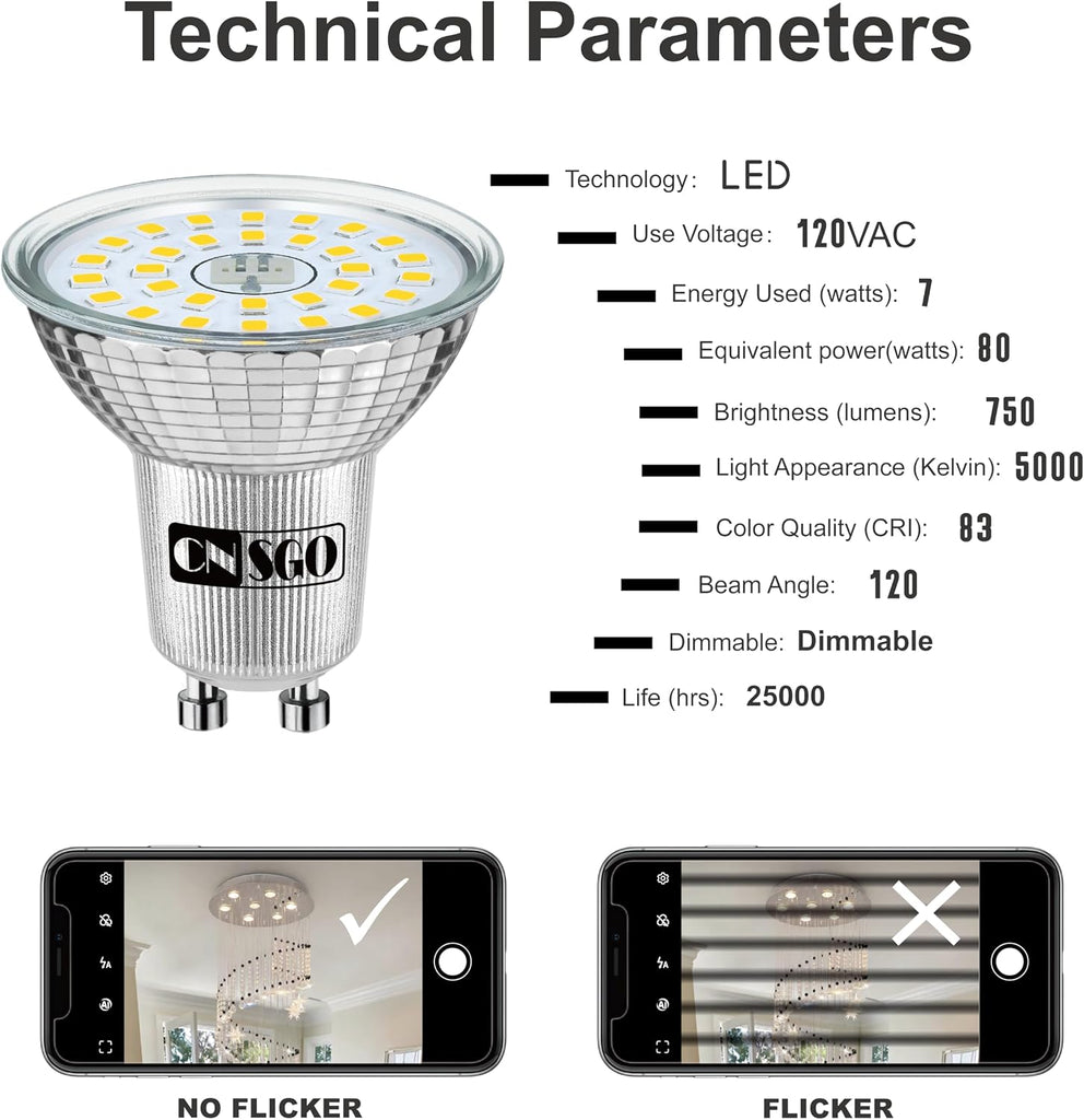MR16 GU10 LED Light Bulb Dimmable, 75W Equivalent, 750 Lumens Daylight White 5000K Flicker-Free, 7W Energy Efficient